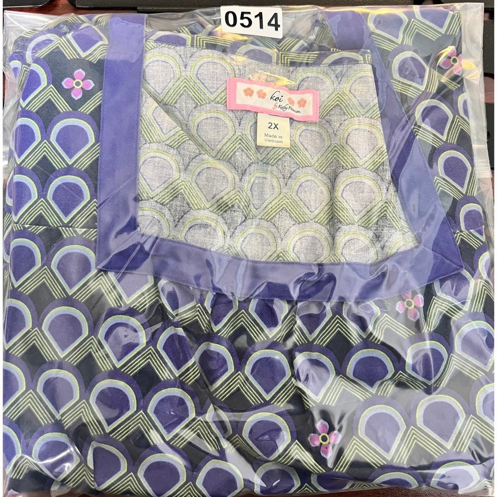 Koi by Kathy Peterson Womens Scrub Top Purple Green Geometric Comfy Cotton 2X - Picture 11 of 11